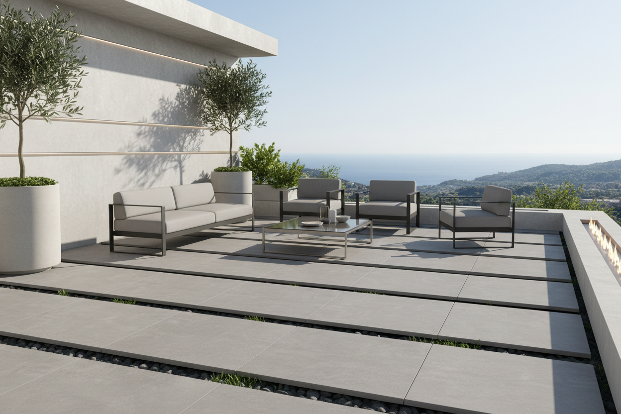 CREA IMMAGINE DI AMBIENTE ESTERNO CON PAVIMENTO GALLEGGAINTE COLORE CENERE